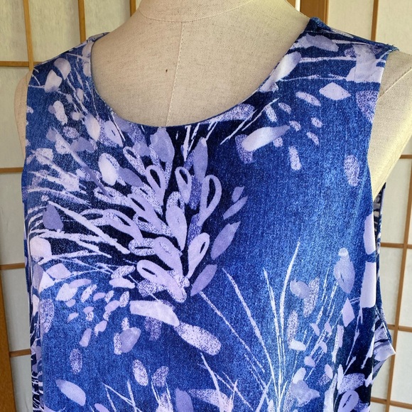 Clara Sun Woo Midi Stretch Knit Sleeveless Blue Print Swing Shift Dress SZ 1X - Picture 12 of 13